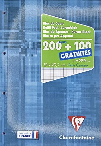 Clairefontaine Un bloc de cours encolle grand càŽte 300 pages (200 + 100 gratuites) 90g petits carreaux, Couverture carte, blu, 30 x 21.30 x 1.20