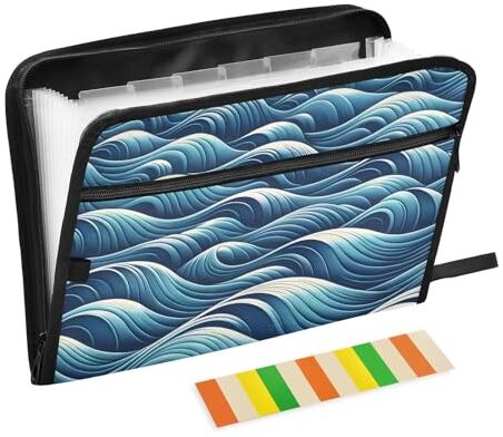 Generic Cartella portadocumenti espandibile Ocean Wave, 13 tasche, a fisarmonica, con etichette adesive con cerniera, portatile, formato A4, organizer per documenti per casa, ufficio, scuola