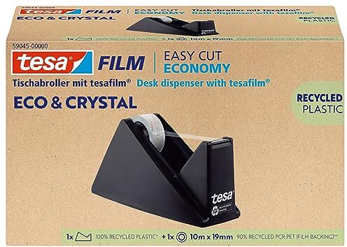 Tesa film eco & crystal Pellicola adesiva trasparente in materiale PET riciclato, resistente agli strappi, con forte adesività, set con robusto rullo da tavolo, 1 rotolo da 10 m x 19 mm