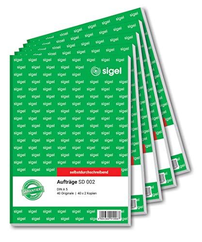 Sigel SD002 Blocco per commesse, lingua tedesca, fogli di carta copiativa, 1°,2° e 3° Foglio stampati, formato A5, 3 x 40 fogli, 5 pz