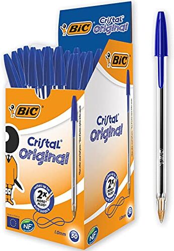 BIC Penne Blu a Sfera, Cristal Original, Punta Media, 1 mm, Confezione 50 Penne, Fornitura per Cancelleria Scuola e Ufficio