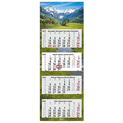 Timr Calendario da parete 4 mesi 2024 paesaggio montano I calendario da parete 4 mesi I 33 x 90 cm I multilingue D/GB/F/ES I planner annuale con cursore multilingue, calendario multilingue, panorama, verde