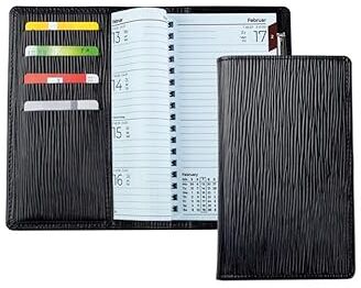 DELMON VARONE - FINE LEATHERGOODS MADE IN GERMANY DELMON VARONE Agenda tascabile 2021 Premium Manhattan in pelle nera organizer settimanale in custodia in pelle calendario con panoramica settimanale rilegatura a spirale tasche e nastro segnaletico