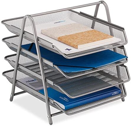 Relaxdays Organizer Portadocumenti con 4 Vaschette, Portalettere A4, HxLxP 32,5 x 30 x 35 cm, Rete in Acciaio, Argentato