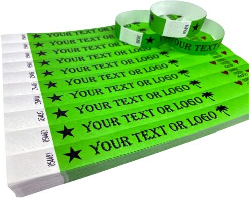 Studio 500 Braccialetti Verde neon Polsini stampati personalizzati di Tyvek con il vostro testo o logo personalizzato per eventi, feste, festival, ID