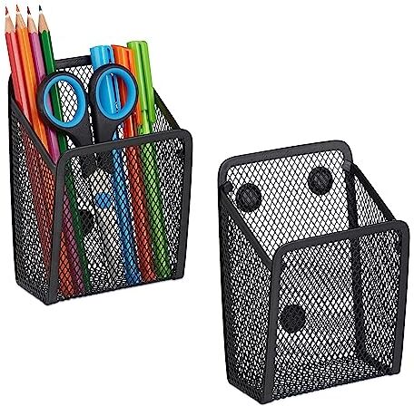 Relaxdays Portapenne Magnetico, Set da 2 Magnetic Desk Organizer, HLP 13,5x9,5x7 cm, Portaoggetti Scrivania Frigo, Nero