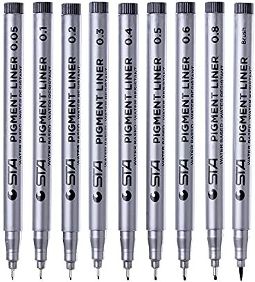 Generico Set di 9 fineliner neri per disegno artistico, scuola, calligrafia, belle arti, disegno tecnico, comic, manga; liner neri con penna microporosa a punta fine di diverse dimensioni