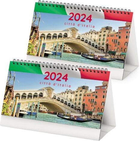 Generico Calendario da Tavolo 2024,Calendario da Scrivania Ufficio,calendarietto spiralato da tavolo cm 19x14,5,Calendario per ufficio Citta' d'italia. 2 PZ