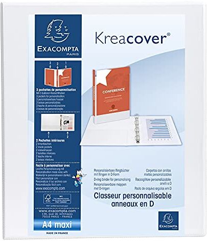 Exacompta 1 Raccoglitore Personalizzabile Kreacover 4 Anelli a D 25 mm Copertina Foderata PP con Tasca Fronte/Dorso/Retro Dorso 47 mm F.to Esterno 27.7x32 cm per A4 Maxi Bianco