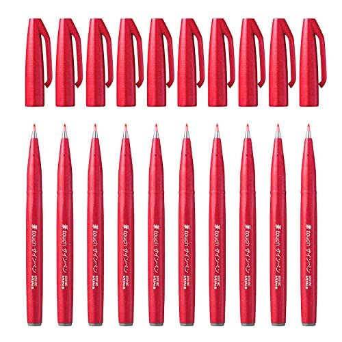 Pentel SES15C Brush Sign Pen pennarello punta fibra flessibile, rosso, Confezione da 10 pezzi