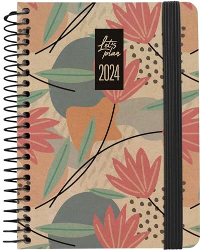 Grafoplás Grafoplas   Agenda annuale 2024 A6   spagnolo   10,5 x 14,9 cm   vista settimanale, copertina rigida   copertina in carta kraft e cartone riciclato 100%   chiusura elastica   Modello Design Flores