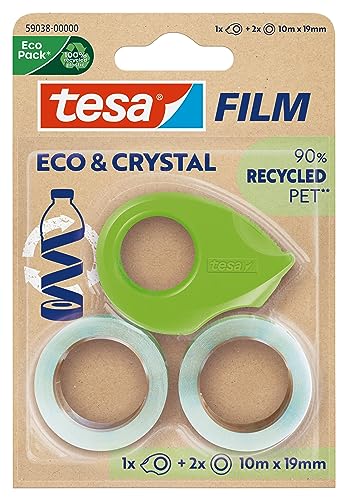 Tesa film nastro adesivo eco & crystal nastro adesivo trasparente in PET riprocessato universale, extra forte 2 rotoli di nastro adesivo per decorazioni e imballaggio da 10 m x 19 mm