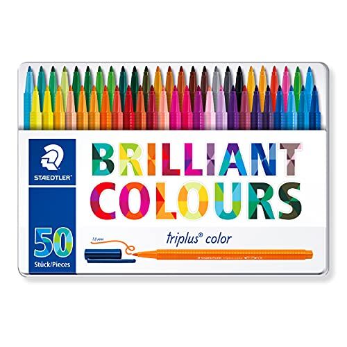 Staedtler set di 50 penne colorate Triplus Color, colori brillanti lavabili, ideali per bambini, fusto triangolare ergonomico, punta 1.0 mm, 323 M50, Assorted, Tin of 50