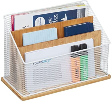 Relaxdays Organizer da Scrivania, bambù e Metallo, 3 Scomparti Portadocumenti, Lettere, HLP 20x29x14 cm, Naturale Bianco