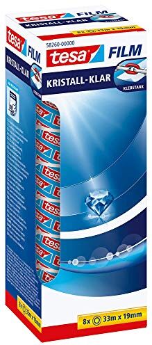 Tesa film Crystal Clear Nastro Adesivo Trasparente, Resistente all'invecchiamento e allo strappo, Extra forte e quasi invisibile, Confezione da 8 Rotoli, 33 m x 19 mm