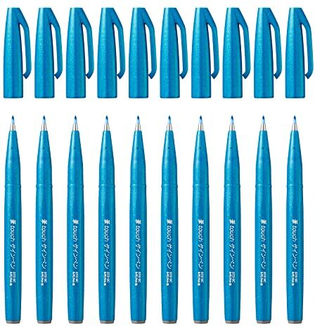 Pentel SES15C Brush Sign Pen pennarello punta fibra flessibile, azzurro, 10 pezzi