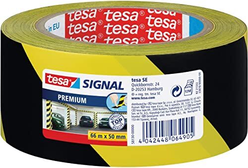 Tesa Signal Premium Nastro di Segnalazione Rotolo adesivo segnaletico Per contrassegnare in modo permanente zone o aree pericolose Colore: Nero e Giallo 66 m x 50 mm