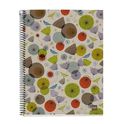 Miquelrius Quaderno Notebook Riciclato 100%, 4 Strisce di Colore, A4, 120 Fogli a Quadretti di 5 mm, Carta 80 g, 4 Fori, Copertina in Cartone Riciclato, Design Ecobirds