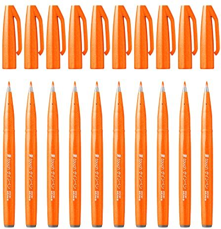 Pentel SES15C Brush Sign Pen pennarello punta fibra flessibile, per illustrazione, lettering, calligrafia, arancio, 10 pezzi