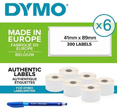 Dymo S0722560 - Rotolo di etichette adesive, 41 x 89 mm, stampa nero su bianco, 6 pz + penna Papermate in regalo