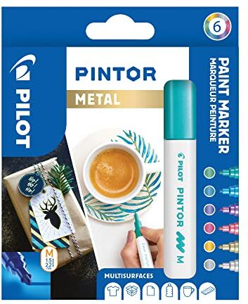 PILOT Pintor, Busta da 6 Marcatori Multisuperficie a Base d’Acqua, Asciugatura Rapida, Pennarelli Indelebili Tessuto, Vetro, Legno, Pietra, Fai da te Punta Media Colori Assortiti Metallo