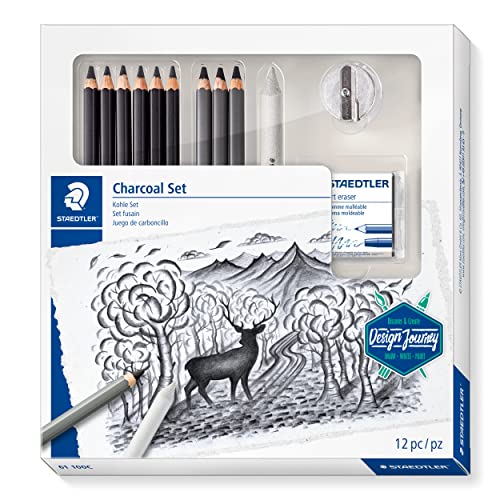 Staedtler Set di carbone, set completo con 3 matite a carbone di alta qualità, 6 matite per artisti, 1 ceppo di miscelazione, 1 gomma per artisti, 1 temperamatite e istruzioni step-by-step, 61 100 C