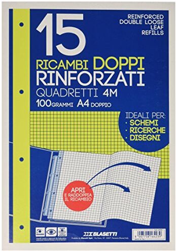 Blasetti Ricambi DOPPI ideali per schemi, ricerche, disegni. Fogli formato A4 doppio, carta da 100gr, con fori d'archiviazione Quadretti 4M