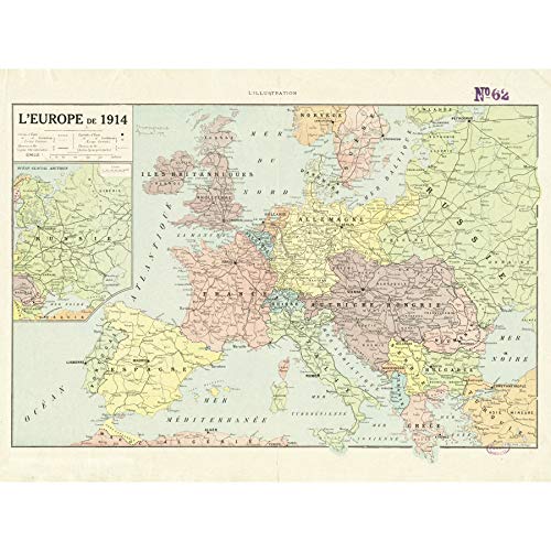 Peltier 1914 Stampa artistica da parete con mappa politica europea, lingua francese, 40 x 50 cm