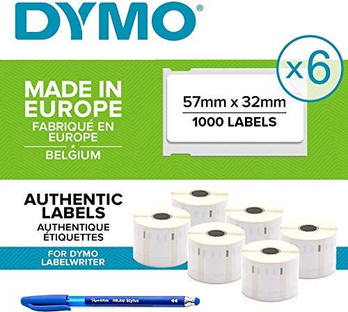 Dymo 11354 6 rotoli di etichette universali rimovibili per LabelWriter, adesive, 57 x 32 mm, 500 pz per rotolo + Penna Papermate in regalo