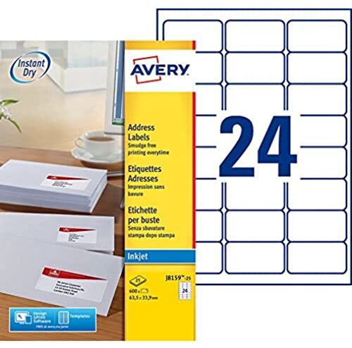 Avery Etichette autoadesive (24 per foglio) – 63,5 x 33,9 mm – Stampa a Getto d'Inchiostro, Bianco, j8159 Imballaggio: 25 fogli 63,5 x 33,9 mm bianco