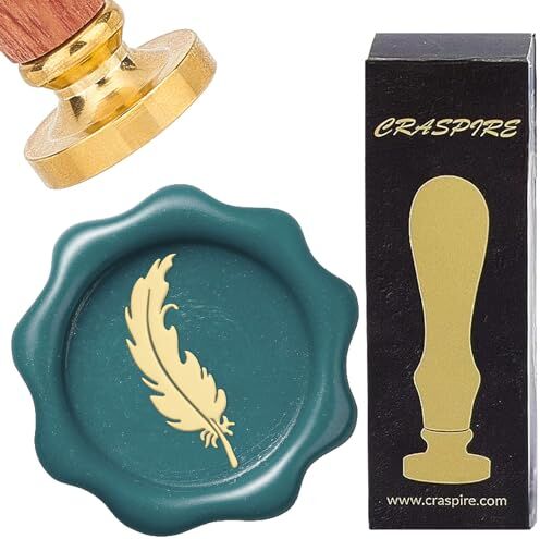 CRASPIRE Timbro Sigillo di Cera Piuma Vintage 25 mm Timbri per Ceralacca Testa Rimovibile In Ottone con Manico In Legno per Buste per Feste di Nozze Inviti Confezione Regalo Avvolgimento Decorazione