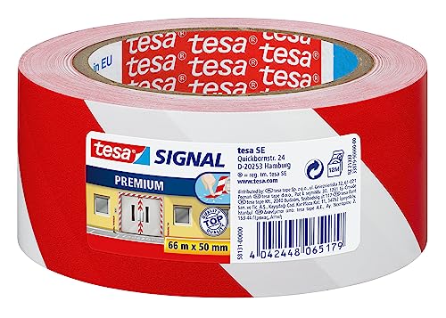 Tesa Signal Premium Nastro di Segnalazione Rotolo adesivo segnaletico Per contrassegnare in modo permanente zone o aree pericolose Colore: Rosso e Bianco 66 m x 50 mm