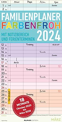 Alpha Familienplaner Farbenfroh mit 4 Spalten für 18 Monate 2024 Familien-Timer 22x45 cm Offset-Papier mit Ferienterminen Wand-Planer