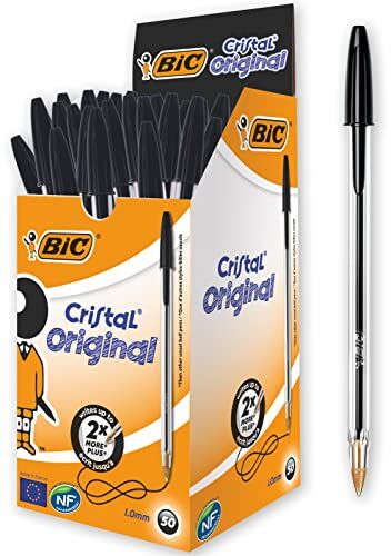 BIC Cristal Original, Penne Nere a Sfera, Punta Media (1.00 mm), Confezione 50 Penne Economiche, Cancelleria Scuola e Ufficio