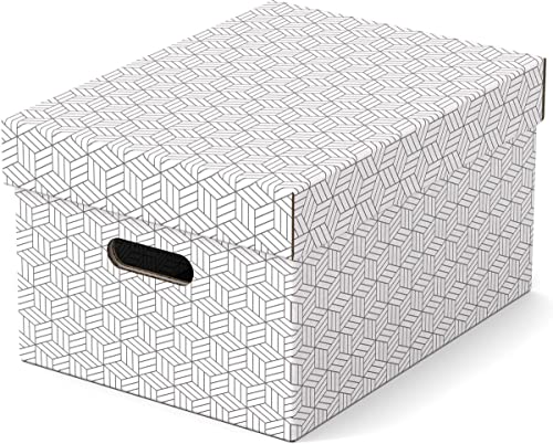 Esselte Set di 3 Contenitori Medi con Coperchio in Cartone Riciclato e Riciclabile al 100%, Ottimali per lo Stoccaggio e l'Archiviazione, Design Geometrico, 265 mm x 205 mm x 365 mm, Bianco