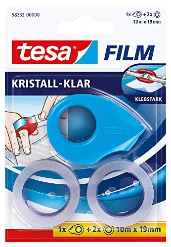 Tesa film Porta nastro adesivo con 2 ricariche da 19 mm x 10 m, trasparente, disponibile in rosa, blu o giallo, 2 Pezzi