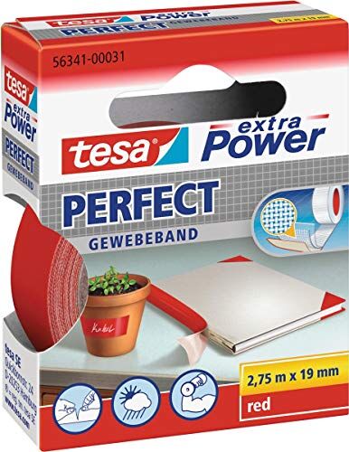 Tesa Extra Power Perfect, Biadesivo Rinforzato in Tessuto, Ottimo per Riparazione, Fissaggio, Etichettatura e Rinforzo, Rosso, 2,75 m x 19 mm