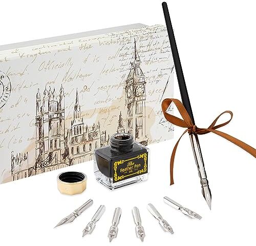 ART Set di penne stilografiche per calligrafia   Con 7 diversi pennini e inchiostro nero   In confezione regalo elegante   Per scrivere   Calamaio e pennino   Per bambini e adulti