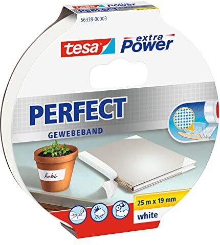 Tesa Extra Power Perfect Biadesivo Rinforzato in Tessuto, Ideale per Riparazione, Fissaggio, Etichettatura e Rinforzo Bianco 2,75 m x 19 mm