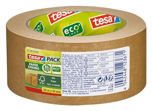 Tesa pack Carta Ecologo Nastro da Imballaggio in Carta Ecologica, 60 % di Materiale Organico Marrone 50 m x 50 mm