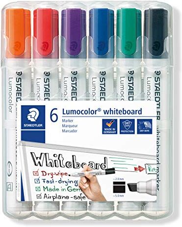 Staedtler Lumocolor 351 B WP6, Rotuladores para Pizarra Blanca, Estuche con 6 Marcadores de Colores Variados, Blíster con Seis Marcadores.