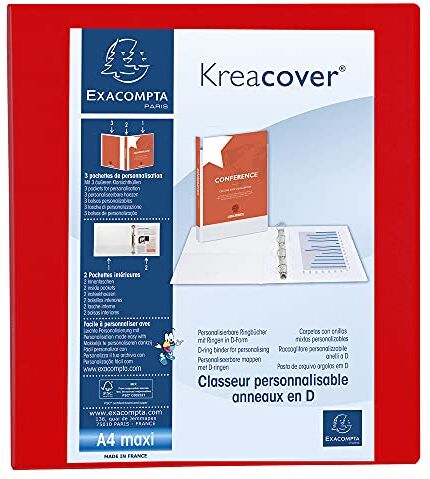 Exacompta 1 Raccoglitore Personalizzabile Kreacover 4 Anelli a D 40 mm Copertina Foderata PP con Tasca Fronte/Dorso/Retro Dorso 64 mm F.to Esterno 28.5x32 cm per A4 Maxi Rosso