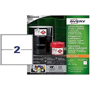 Avery Etichette adesive extra forti, ultra resistenti, impermeabili, per uso industriale, GHS, 4 etichette per foglio A4, bianco, 144 x 200 mm Avery Etichette adesive extra forti, ultra resistenti, impermeabili, per uso industriale, GHS, 4 etichette per foglio A4, bianco, 144 x 200 mm