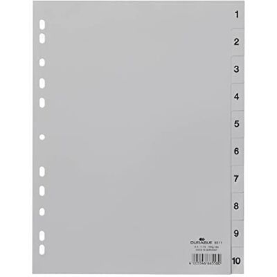 Durable Divisorio con tasti prestampati 1-10, f.to A4 verticale, 10 tasti, foratura universale, grigio, 25 pezzi Durable Divisorio con tasti prestampati 1-10, f.to A4 verticale, 10 tasti, foratura universale, grigio, 25 pezzi