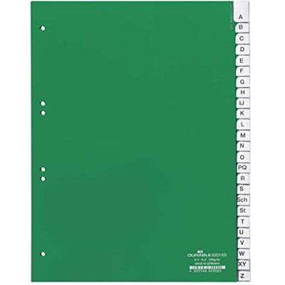 Durable Divisorio con cavalierini termosaldati e set di etichette stampate e preinserite, f.to A4, 20 tasti, foratura 60/80 + 80x80x80 mm, verde Durable Divisorio con cavalierini termosaldati e set di etichette stampate e preinserite, f.to A4, 20 tasti, foratura 60/80 + 80x80x80 mm, verde
