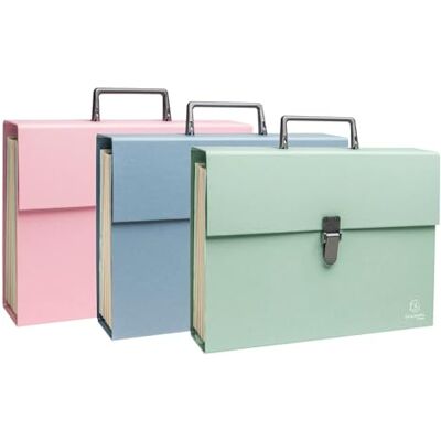 Exacompta Rif. 56339E Cartone da 4 raccoglitori per valigia con manico Autentik, soffietti rinforzati multicolori, chiusura con bottone a clip, 18 scomparti, dim 32 x 24 cm, 3 colori assortiti Exacompta Rif. 56339E Cartone da 4 raccoglitori per valigia con manico Autentik, soffietti rinforzati multicolori, chiusura con bottone a clip, 18 scomparti, dim 32 x 24 cm, 3 colori assortiti