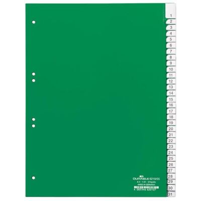 Durable Divisorio con cavalierini termosaldati e set di etichette stampate e preinserite 1-31, f.to A4, 31 tasti, foratura universale, verde Durable Divisorio con cavalierini termosaldati e set di etichette stampate e preinserite 1-31, f.to A4, 31 tasti, foratura universale, verde