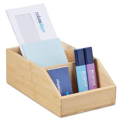 Relaxdays Organizer da Scrivania, Organizzatore in bambù, 3 Scomparti, Portapenne HxLxP: 9 x 15,5 x 25,5 cm, Naturale Relaxdays Organizer da Scrivania, Organizzatore in bambù, 3 Scomparti, Portapenne HxLxP: 9 x 15,5 x 25,5 cm, Naturale