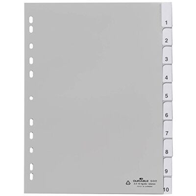 Durable Divisorio con cavalierini termosaldati e set di etichette, f.to A4, 10 tasti, foratura universale, grigio Durable Divisorio con cavalierini termosaldati e set di etichette, f.to A4, 10 tasti, foratura universale, grigio