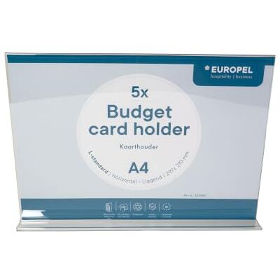 Europel Budget Portacarte a forma di T A4 orizzontale, 5 pezzi, espositore trasparente in acrilico, supporto per menu, cartellini dei prezzi, informazioni e supporti pubblicitari Europel Budget Portacarte a forma di T A4 orizzontale, 5 pezzi, espositore trasparente in acrilico, supporto per menu, cartellini dei prezzi, informazioni e supporti pubblicitari
